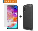 Pack 2 En 1 Funda Gel Tipo Carbono + Protector Cristal Templado para Samsung Galaxy A70