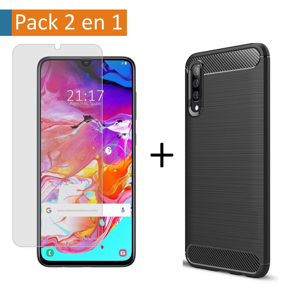 Pack 2 En 1 Funda Gel Tipo Carbono + Protector Cristal Templado para Samsung Galaxy A70