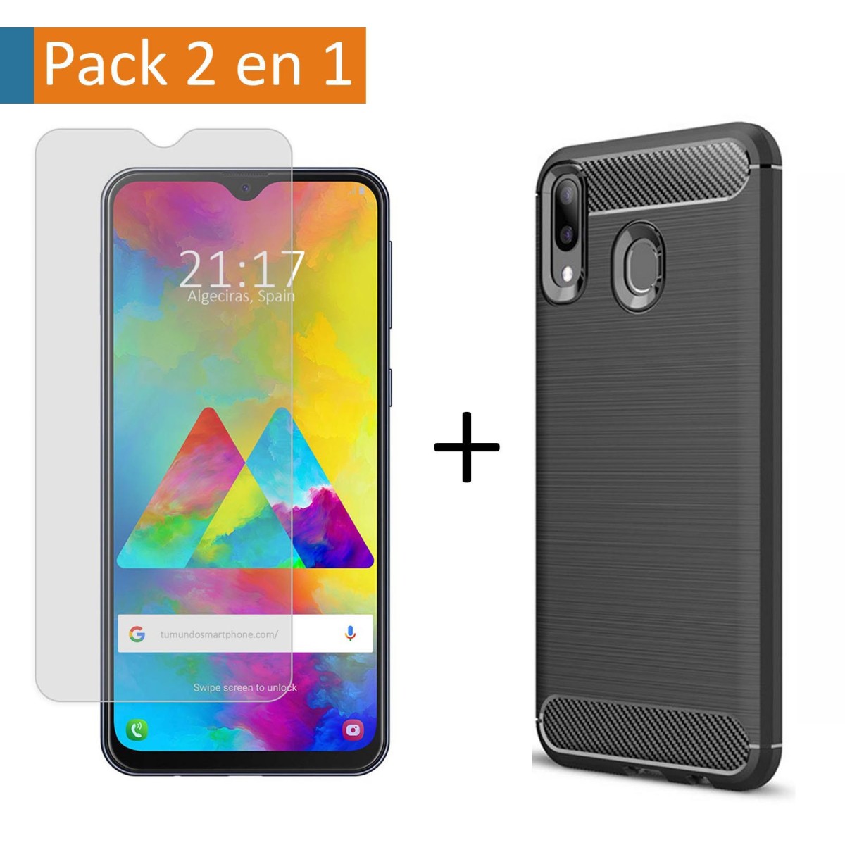 Pack 2 En 1 Funda Gel Tipo Carbono + Protector Cristal Templado para Samsung Galaxy M20