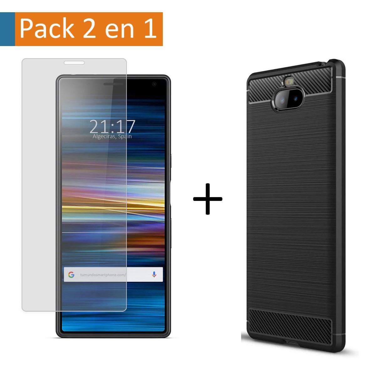 Pack 2 En 1 Funda Gel Tipo Carbono + Protector Cristal Templado para Sony Xperia 10