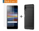 Pack 2 En 1 Funda Gel Tipo Carbono + Protector Cristal Templado para Sony Xperia L3