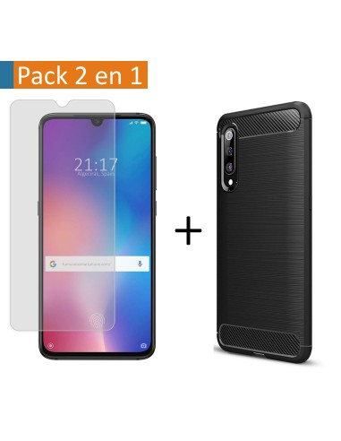 Pack 2 En 1 Funda Gel Tipo Carbono + Protector Cristal Templado para Xiaomi Mi 9
