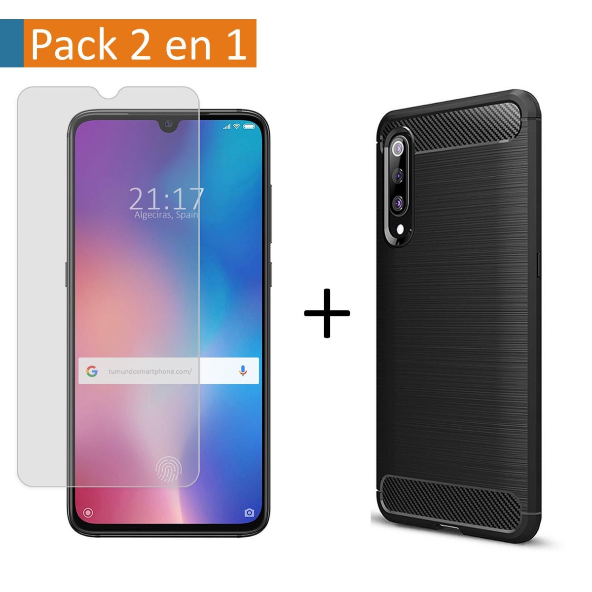 Pack 2 En 1 Funda Gel Tipo Carbono + Protector Cristal Templado para Xiaomi Mi 9