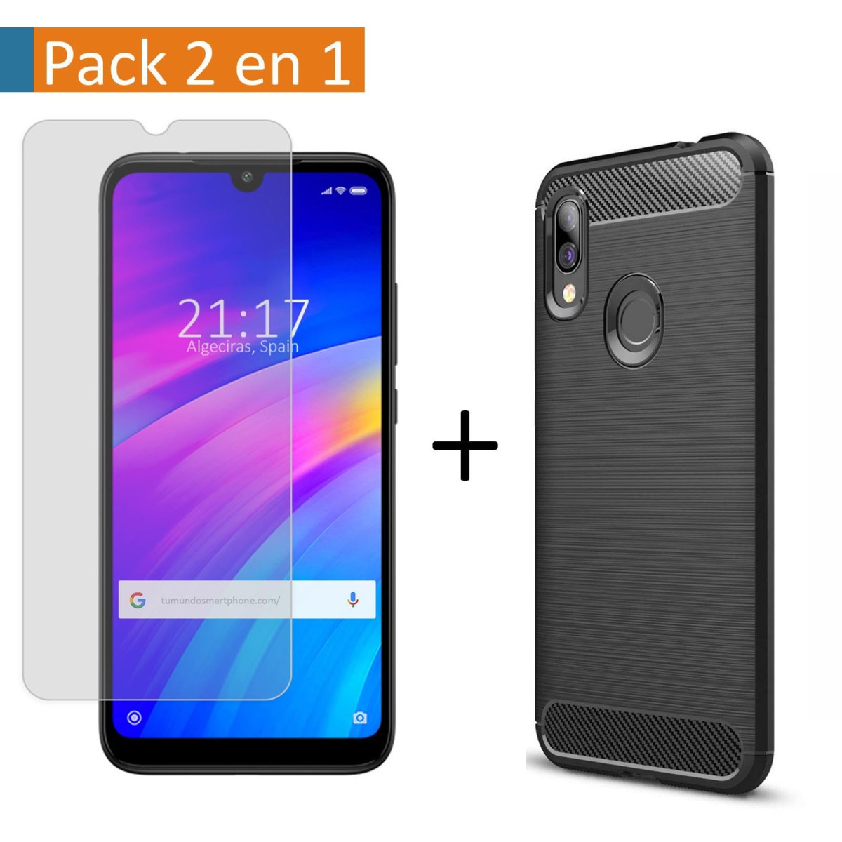 Pack 2 En 1 Funda Gel Tipo Carbono + Protector Cristal Templado para Xiaomi Redmi 7