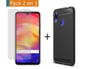 Pack 2 En 1 Funda Gel Tipo Carbono + Protector Cristal Templado para Xiaomi Redmi Note 7