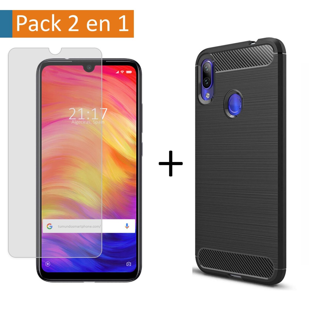 Pack 2 En 1 Funda Gel Tipo Carbono + Protector Cristal Templado para Xiaomi Redmi Note 7