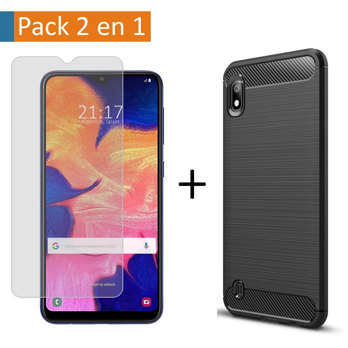 Pack 2 En 1 Funda Gel Tipo Carbono + Protector Cristal Templado para Samsung Galaxy A10