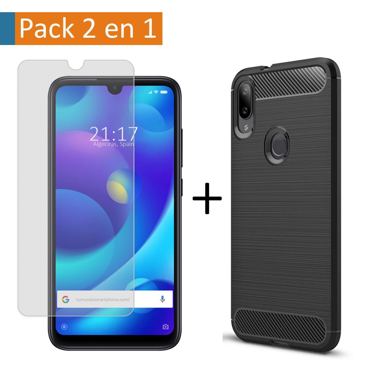 Pack 2 En 1 Funda Gel Tipo Carbono + Protector Cristal Templado para Xiaomi Mi Play