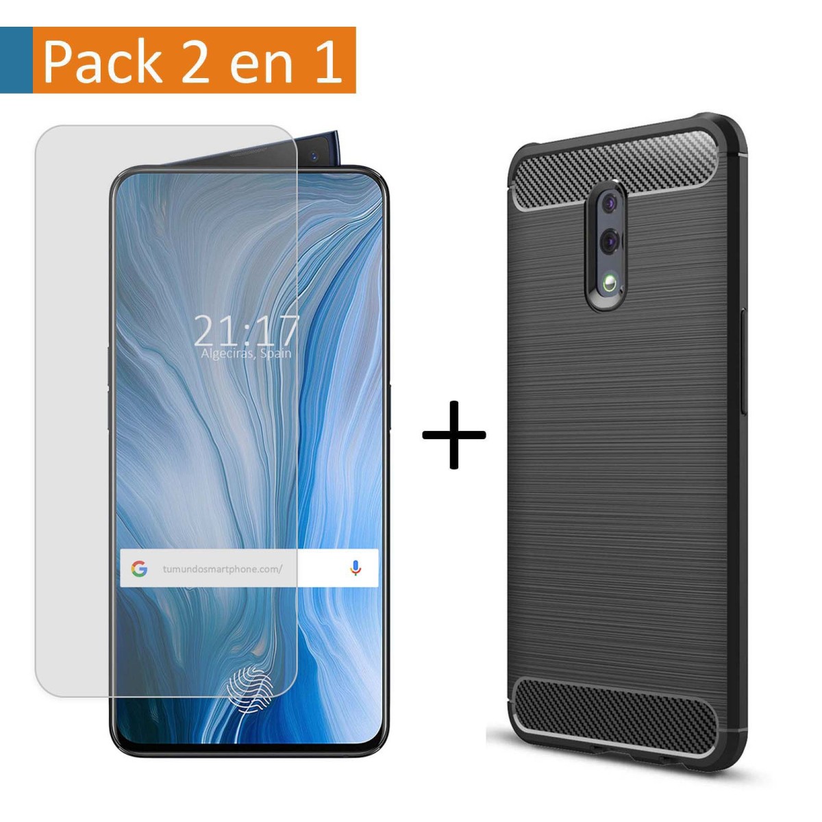 Pack 2 En 1 Funda Gel Tipo Carbono + Protector Cristal Templado para Oppo Reno