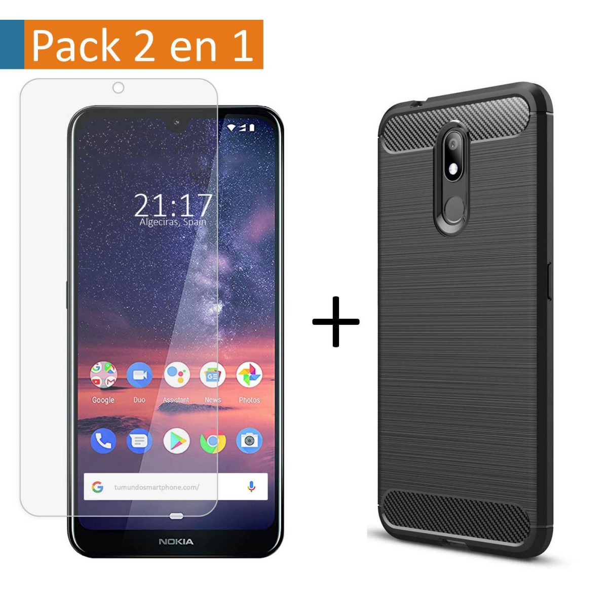 Pack 2 En 1 Funda Gel Tipo Carbono + Protector Cristal Templado para Nokia 3.2