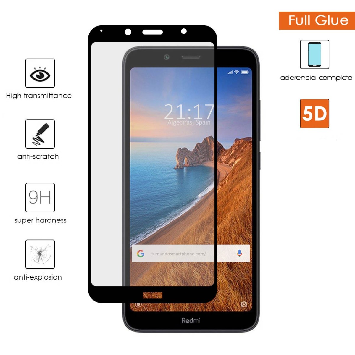 Protector Cristal Templado Completo 5D Full Glue Negro para Xiaomi Redmi 7a Vidrio