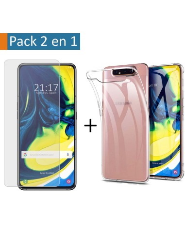 Pack 2 En 1 Funda Gel Transparente + Protector Cristal Templado para Samsung Galaxy A80