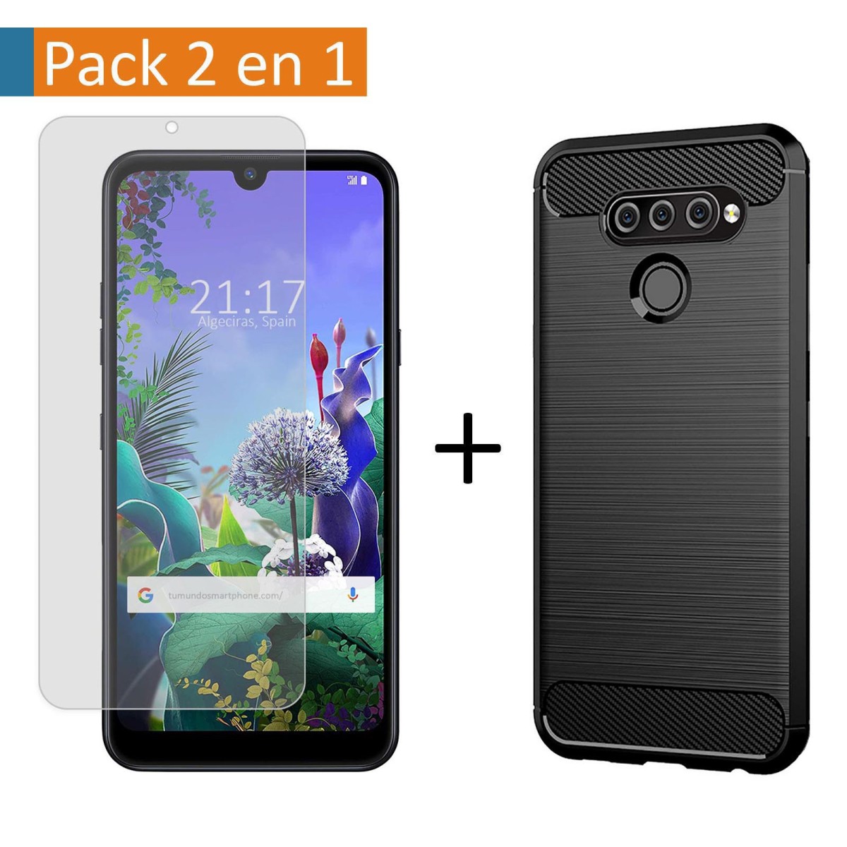 Pack 2 En 1 Funda Gel Tipo Carbono + Protector Cristal Templado para Lg Q60 / K50