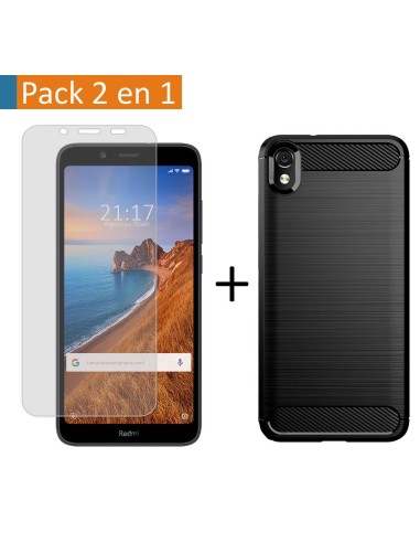 Pack 2 En 1 Funda Gel Tipo Carbono + Protector Cristal Templado para Xiaomi Redmi 7A
