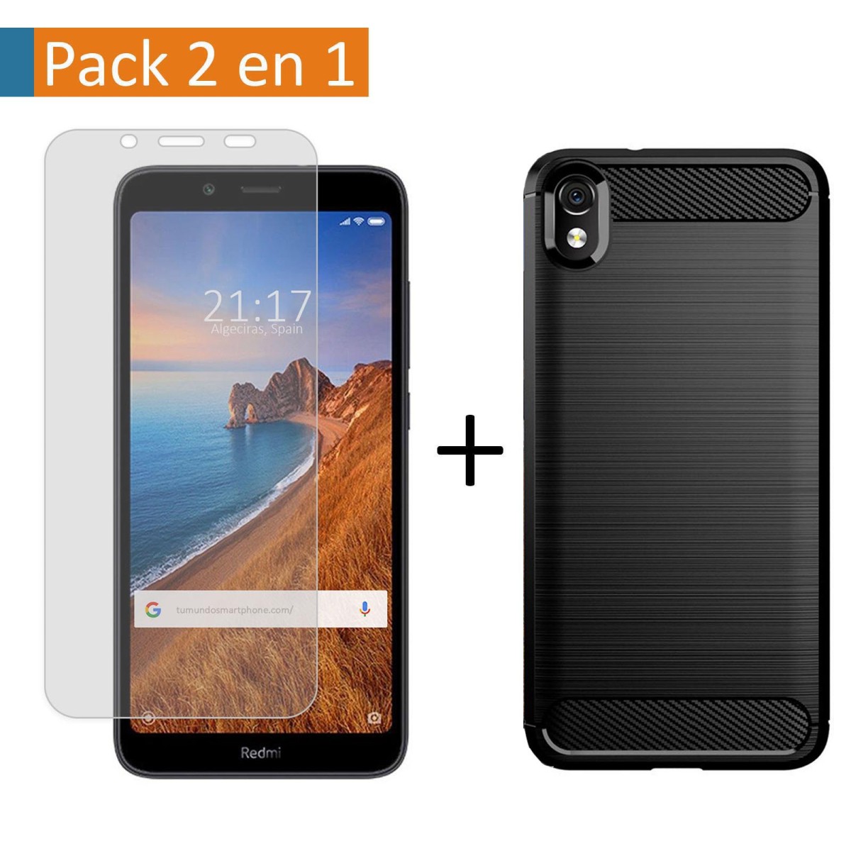 Pack 2 En 1 Funda Gel Tipo Carbono + Protector Cristal Templado para Xiaomi Redmi 7A