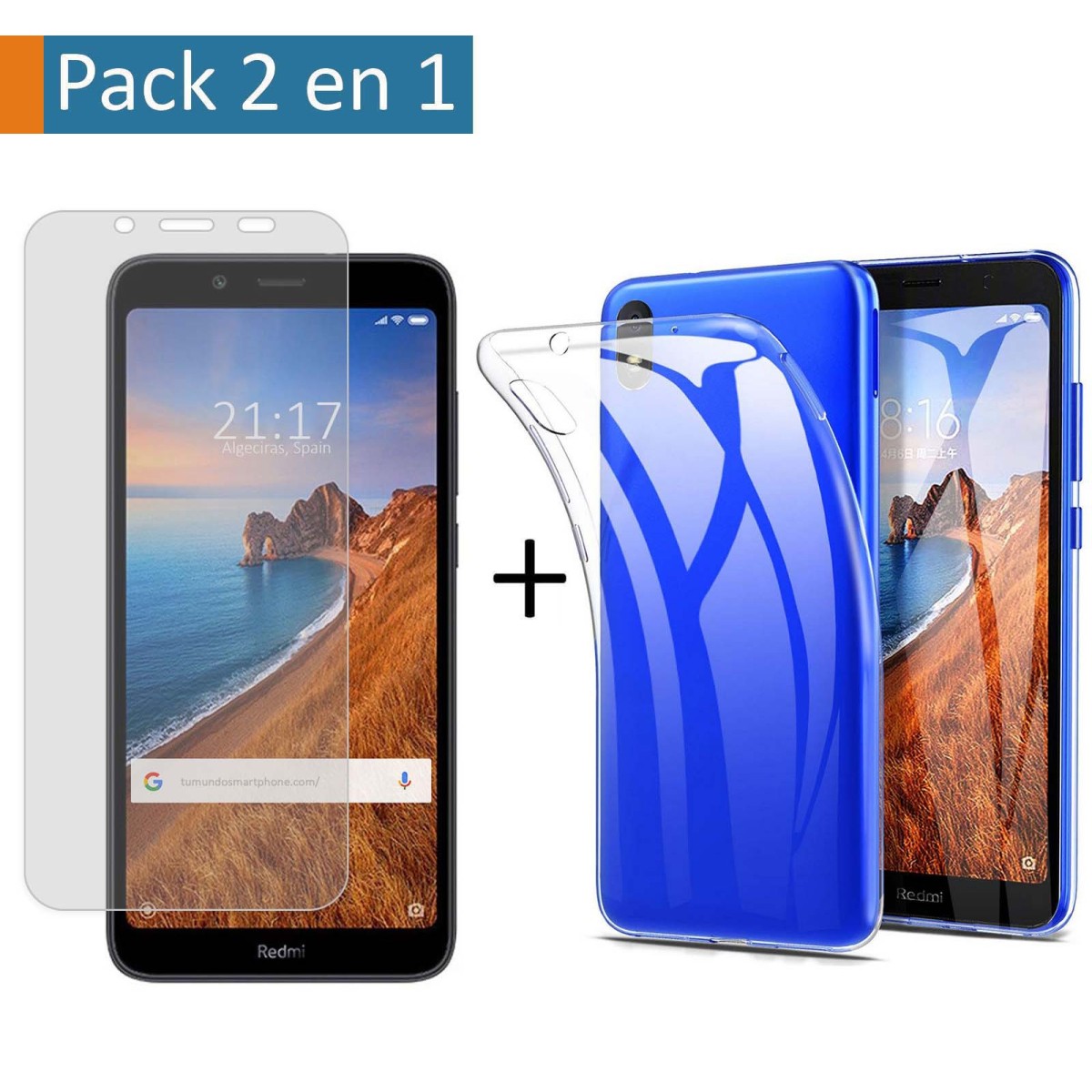 Pack 2 En 1 Funda Gel Transparente + Protector Cristal Templado para Xiaomi Redmi 7A