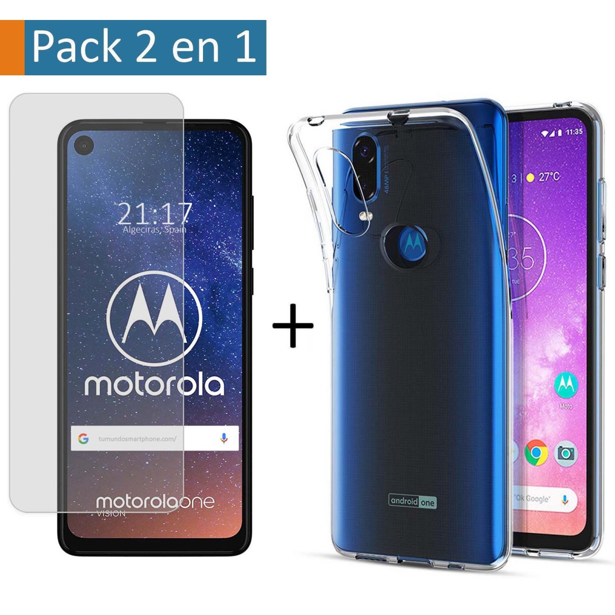 Pack 2 En 1 Funda Gel Transparente + Protector Cristal Templado para Motorola One Vision