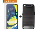 Pack 2 En 1 Funda Gel Tipo Carbono + Protector Cristal Templado para Samsung Galaxy A80