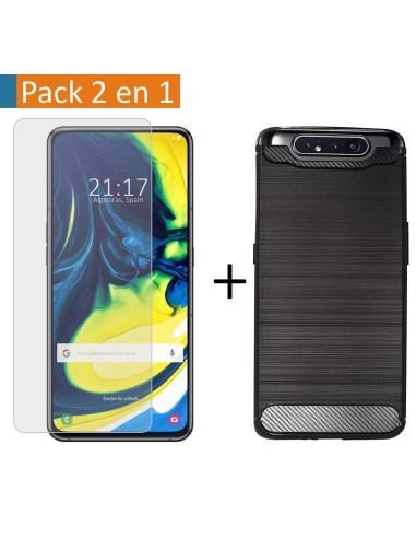 Pack 2 En 1 Funda Gel Tipo Carbono + Protector Cristal Templado para Samsung Galaxy A80
