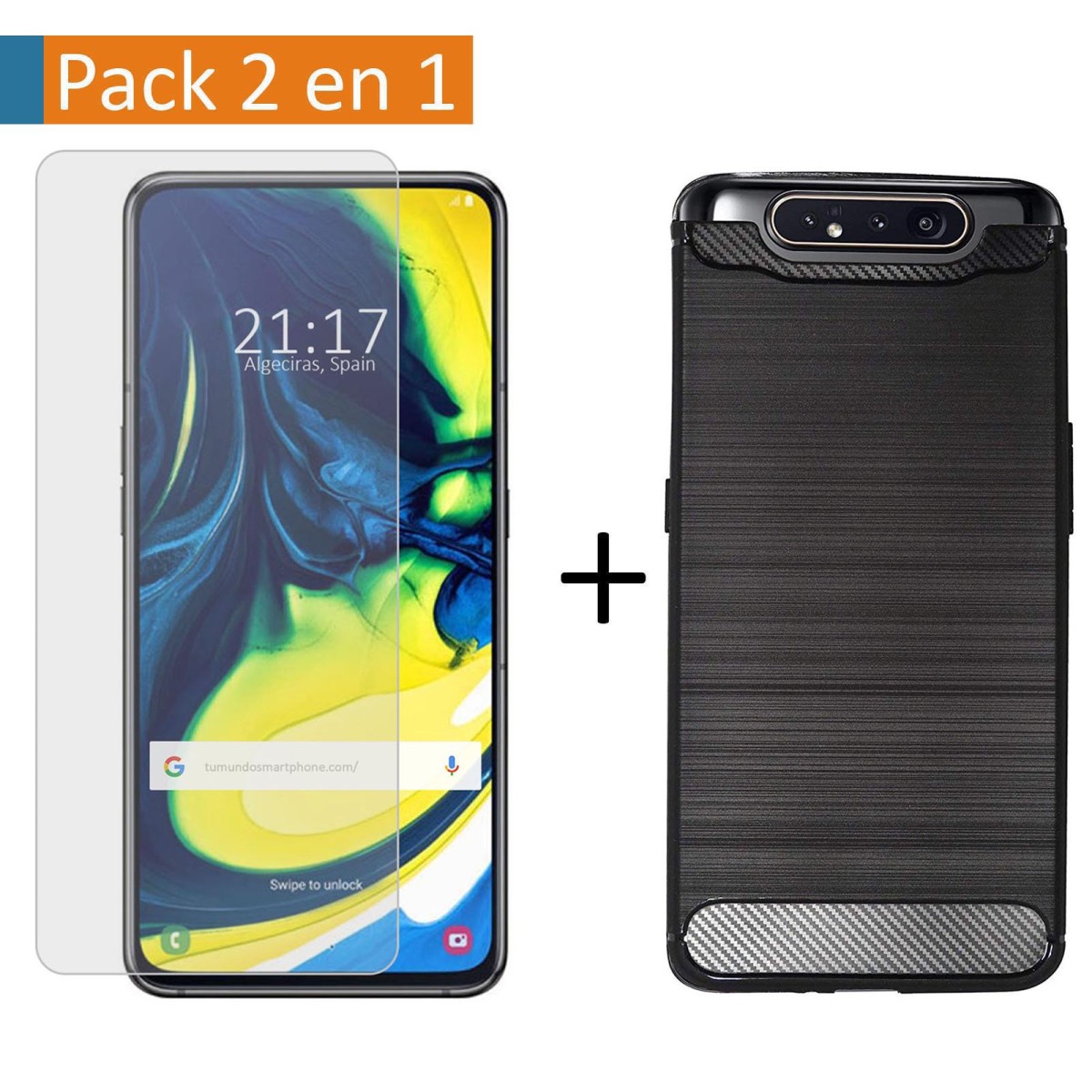 Pack 2 En 1 Funda Gel Tipo Carbono + Protector Cristal Templado para Samsung Galaxy A80