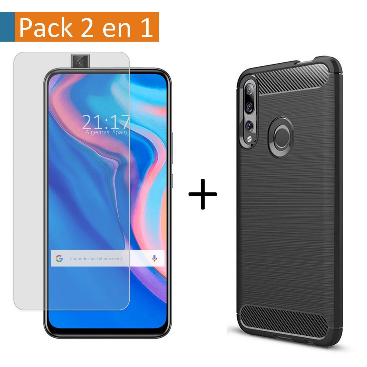 Pack 2 En 1 Funda Gel Tipo Carbono + Protector Cristal Templado para Xiaomi Huawei P Smart Z