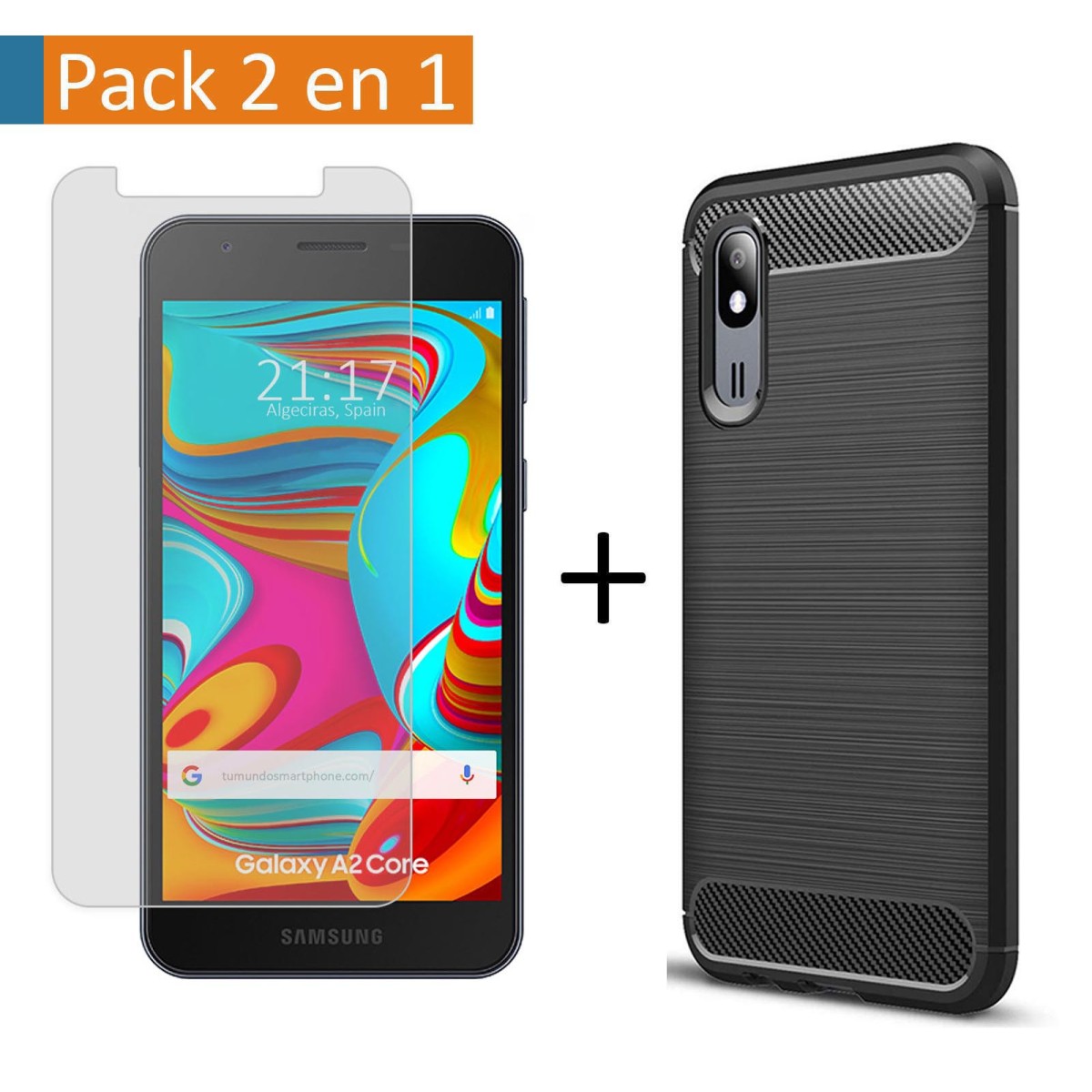 Pack 2 En 1 Funda Gel Tipo Carbono + Protector Cristal Templado para Samsung Galaxy A2 Core