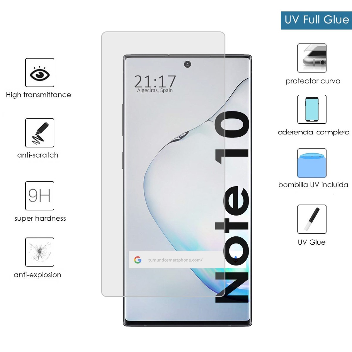 Protector Cristal Templado Completo Curvo UV Full Glue para Samsung Galaxy Note10