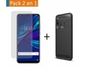 Pack 2 En 1 Funda Gel Tipo Carbono + Protector Cristal Templado para Huawei P Smart + Plus 2019