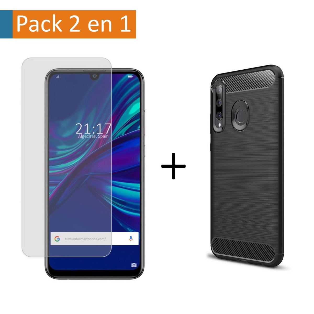 Pack 2 En 1 Funda Gel Tipo Carbono + Protector Cristal Templado para Huawei P Smart + Plus 2019