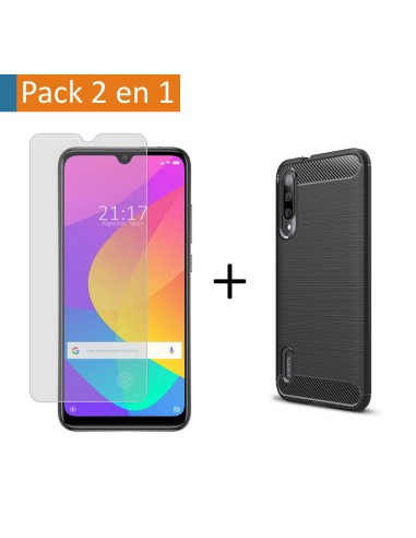 Pack 2 En 1 Funda Gel Tipo Carbono + Protector Cristal Templado para Xiaomi Mi A3