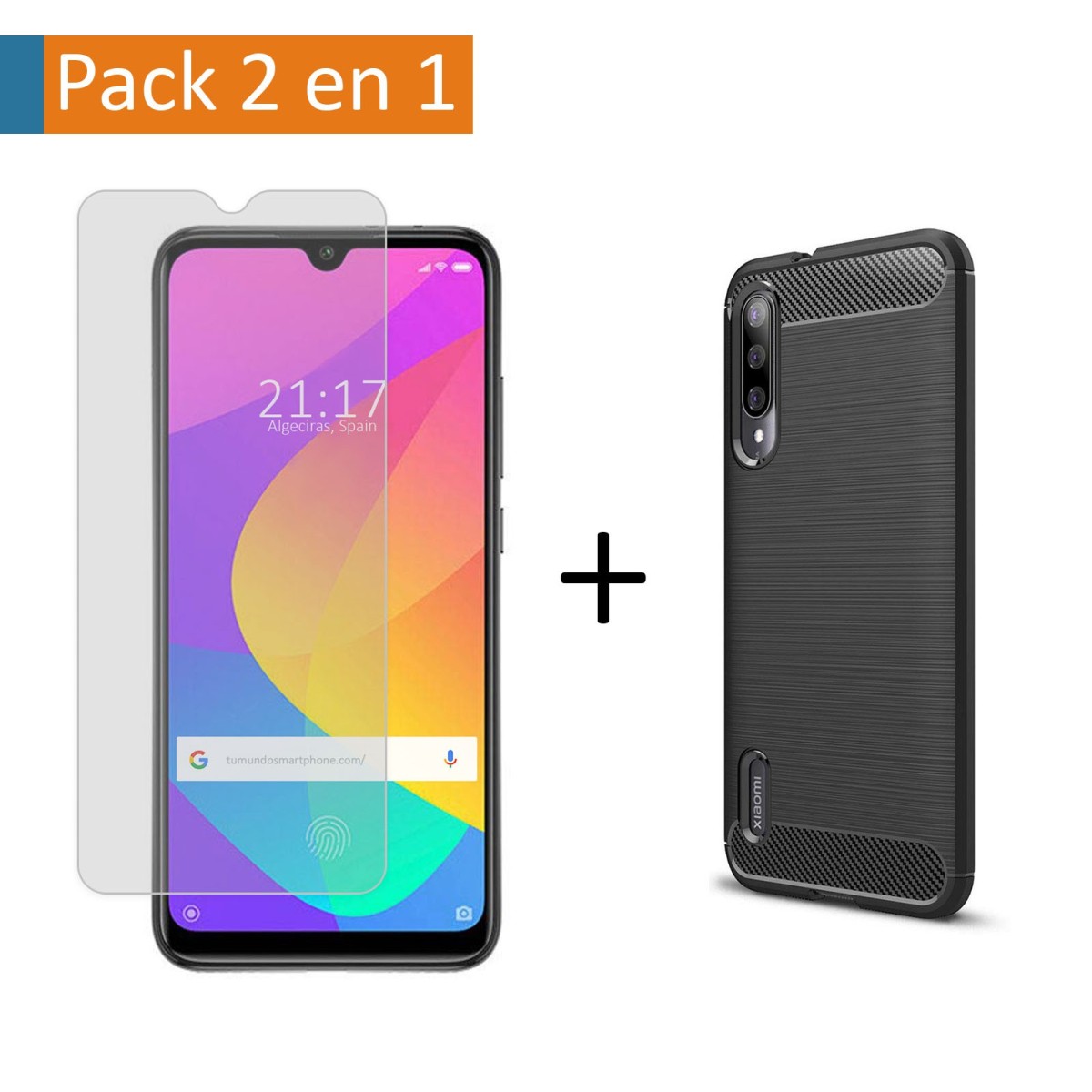 Pack 2 En 1 Funda Gel Tipo Carbono + Protector Cristal Templado para Xiaomi Mi A3