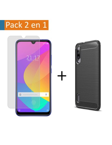 Pack 2 En 1 Funda Gel Tipo Carbono + Protector Cristal Templado para Xiaomi Mi 9 Lite