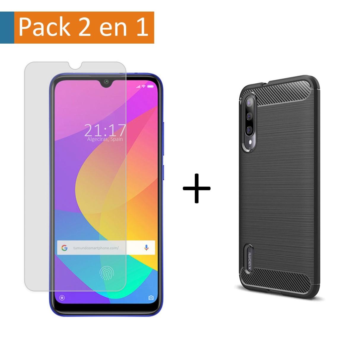Pack 2 En 1 Funda Gel Tipo Carbono + Protector Cristal Templado para Xiaomi Mi 9 Lite