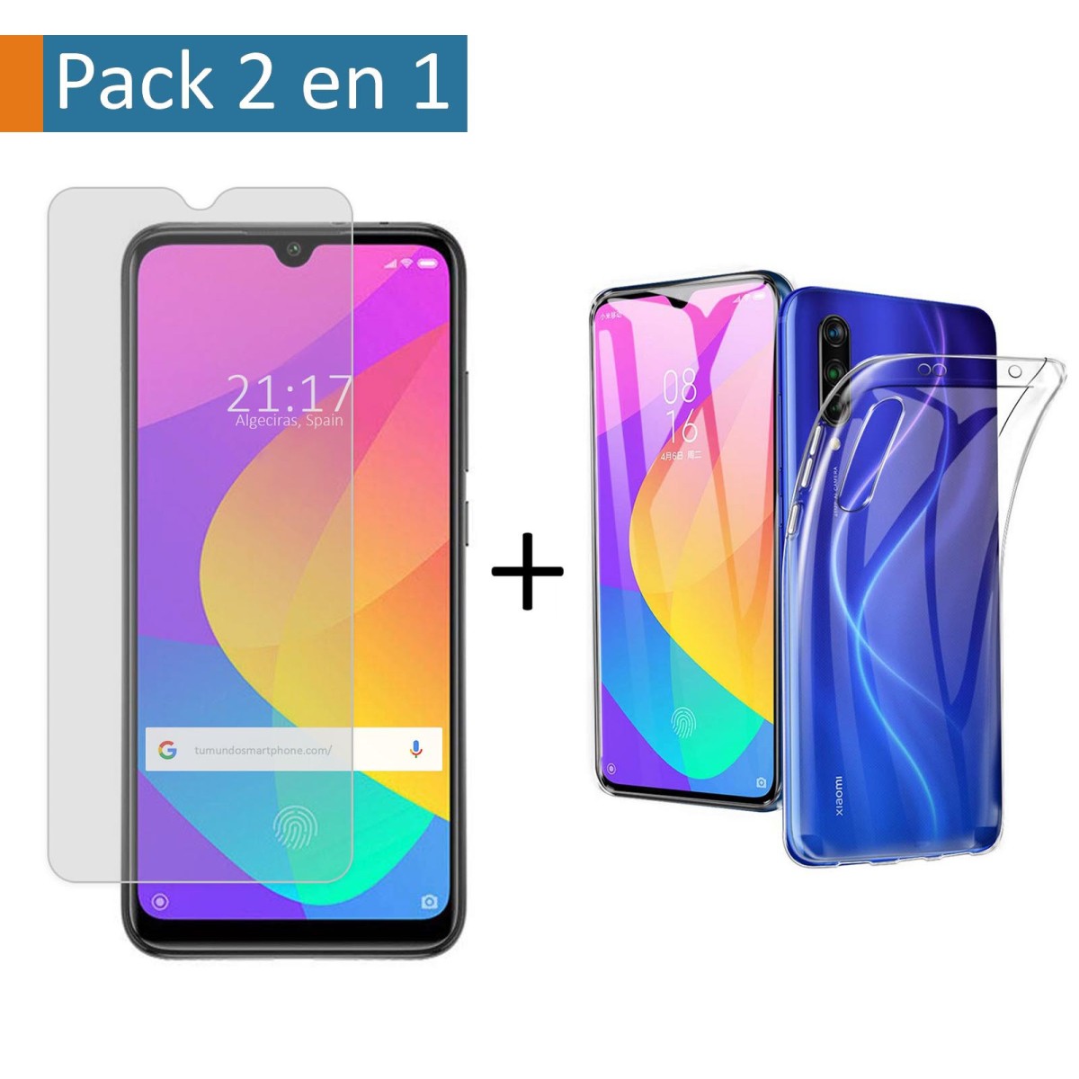 Pack 2 En 1 Funda Gel Transparente + Protector Cristal Templado para Xiaomi Mi A3