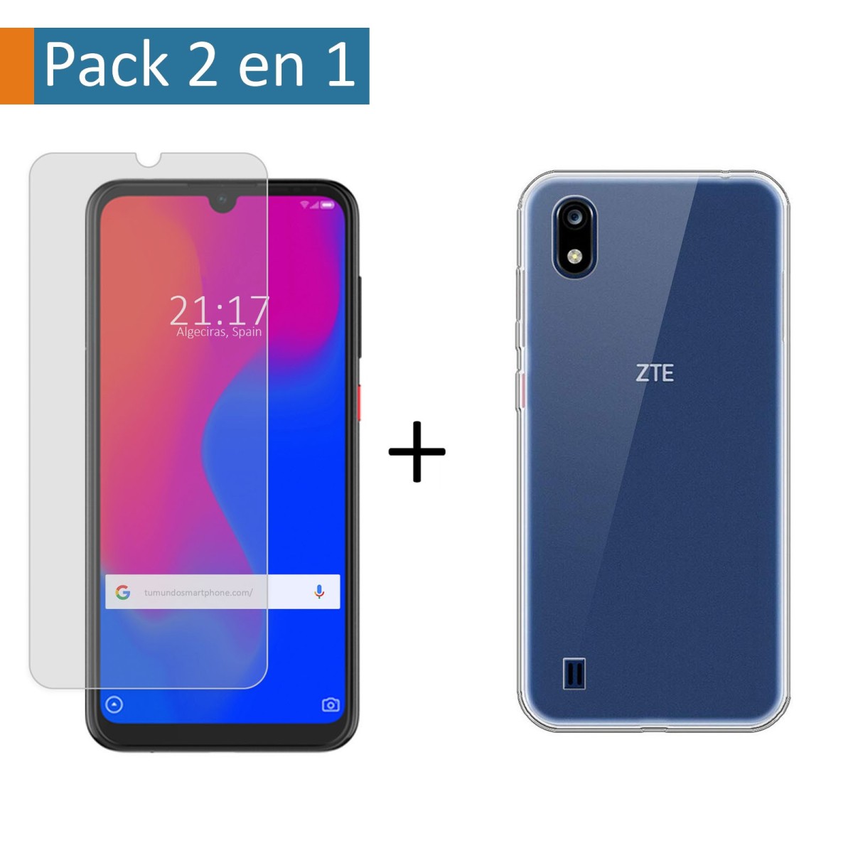 Pack 2 En 1 Funda Gel Transparente + Protector Cristal Templado para ZTE Blade A7 2019