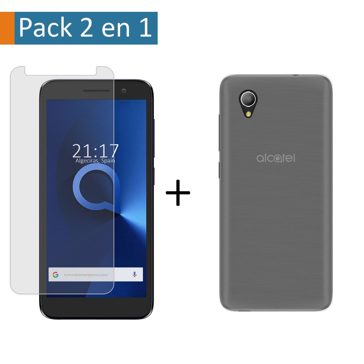 Pack 2 En 1 Funda Gel Transparente + Protector Cristal Templado para Alcatel 1 (2019)