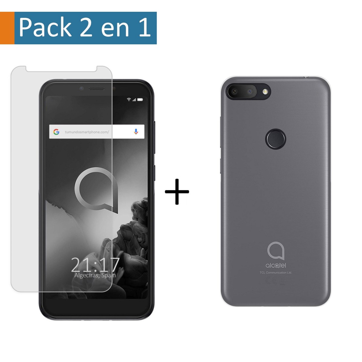Pack 2 En 1 Funda Gel Transparente + Protector Cristal Templado para Alcatel 1S (2019)