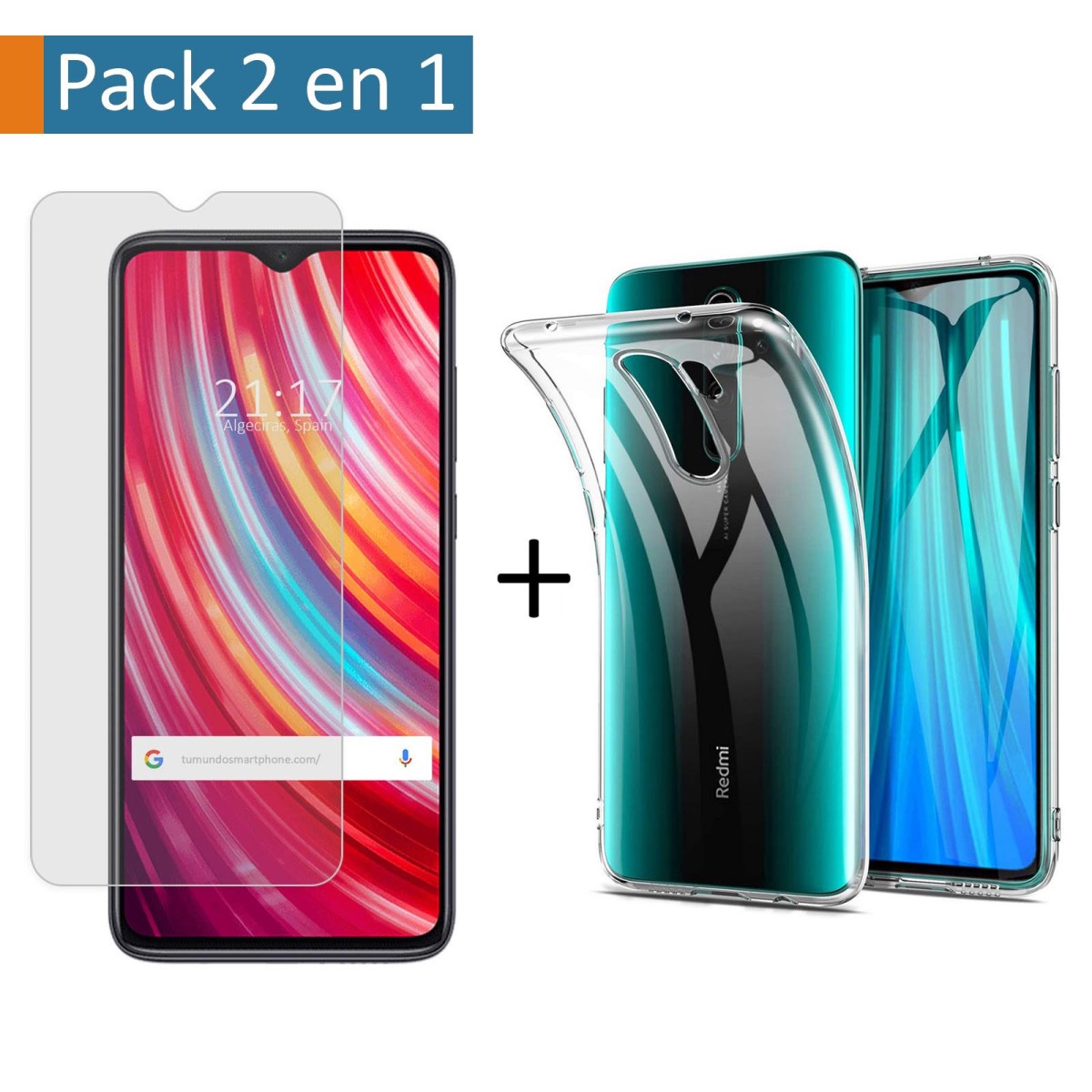 Pack 2 En 1 Funda Gel Transparente + Protector Cristal Templado para Xiaomi Redmi Note 8 Pro