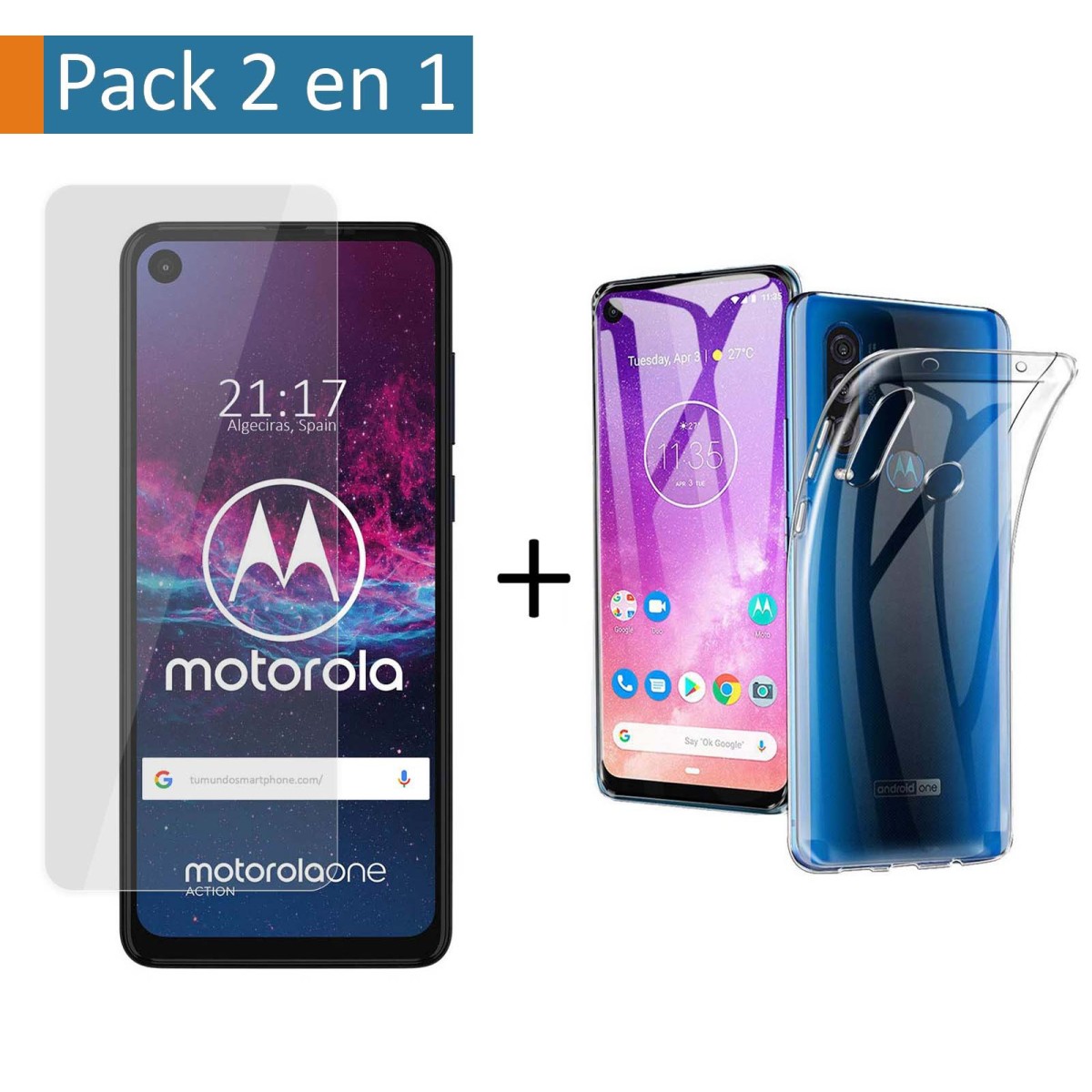 Pack 2 En 1 Funda Gel Transparente + Protector Cristal Templado para Motorola One Action