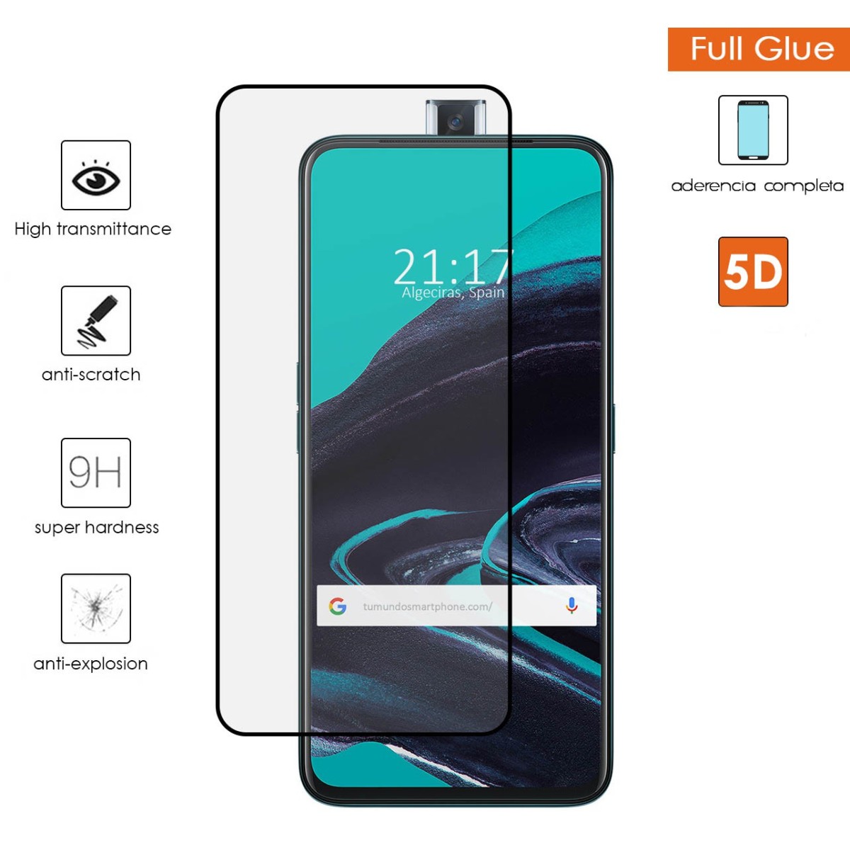 Protector Cristal Templado Completo 5D Full Glue Negro para Oppo Reno 2Z Vidrio