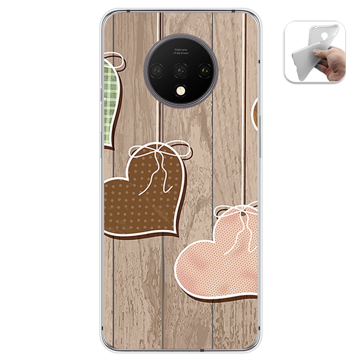 Funda Gel Tpu para Oneplus 7T diseño Corazones Madera Dibujos