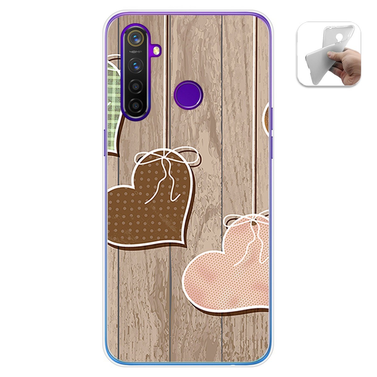 Funda Gel Tpu para Realme 5 Pro diseño Corazones Madera Dibujos