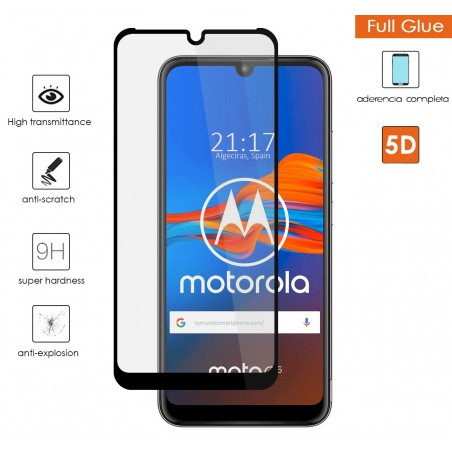 Protector Cristal Templado Completo 5D Full Glue Negro para Motorola Moto E6 Plus Vidrio