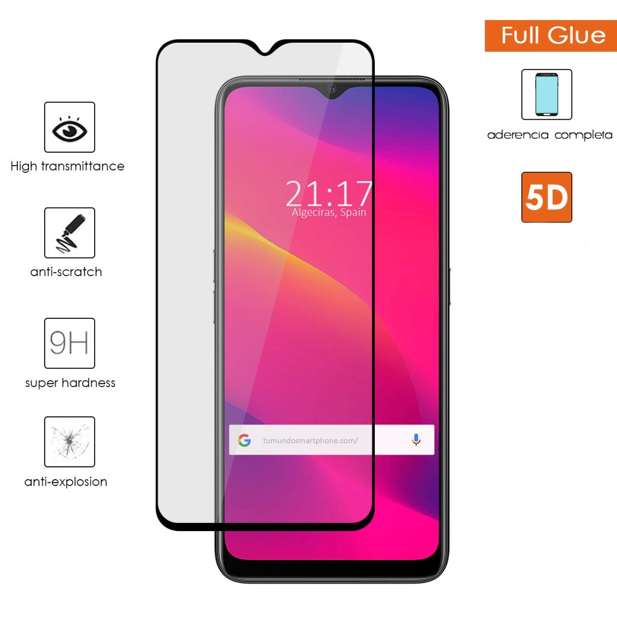 Protector Cristal Templado Completo 5D Full Glue Negro para Oppo A5 2020 Vidrio