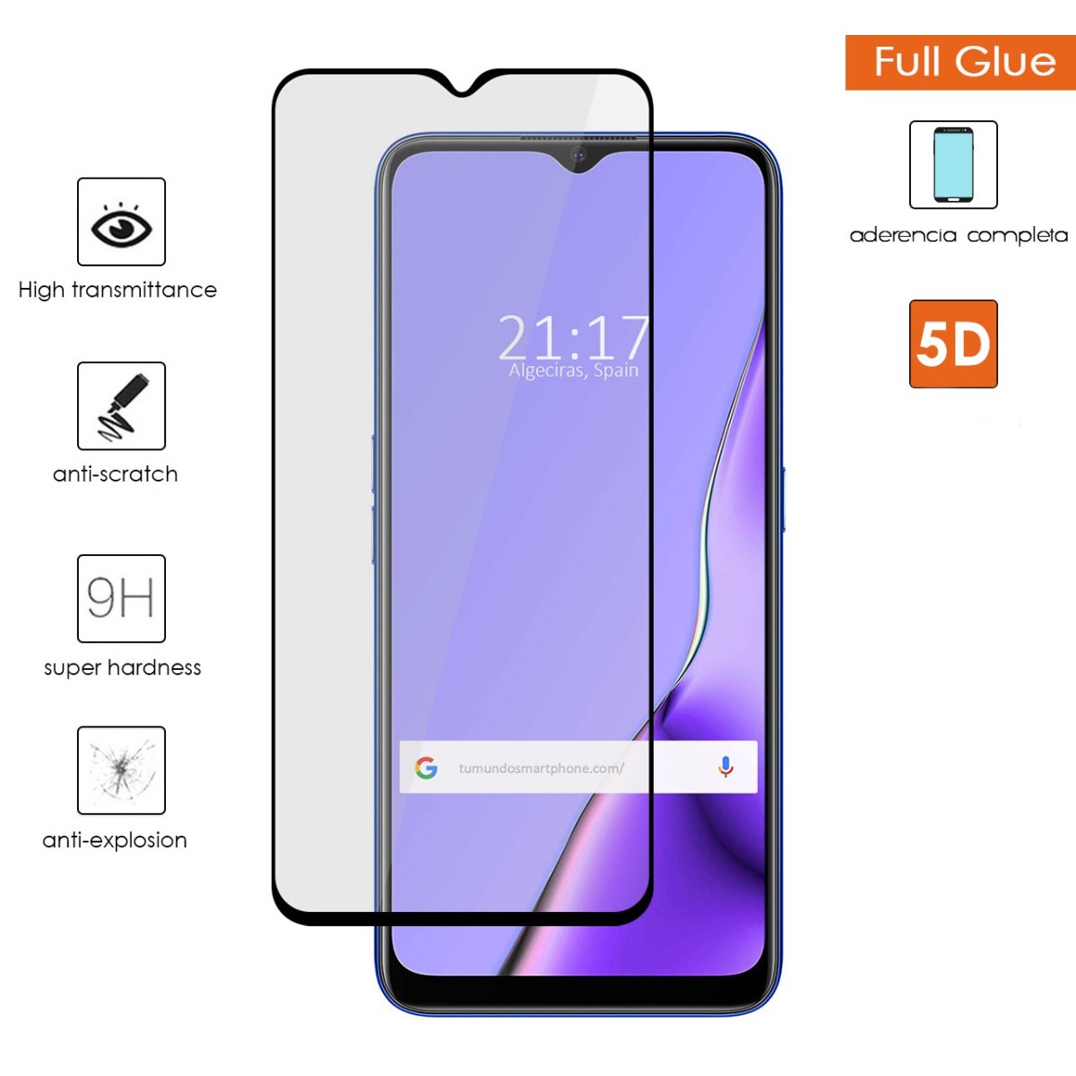 Protector Cristal Templado Completo 5D Full Glue Negro para Oppo A9 2020 Vidrio