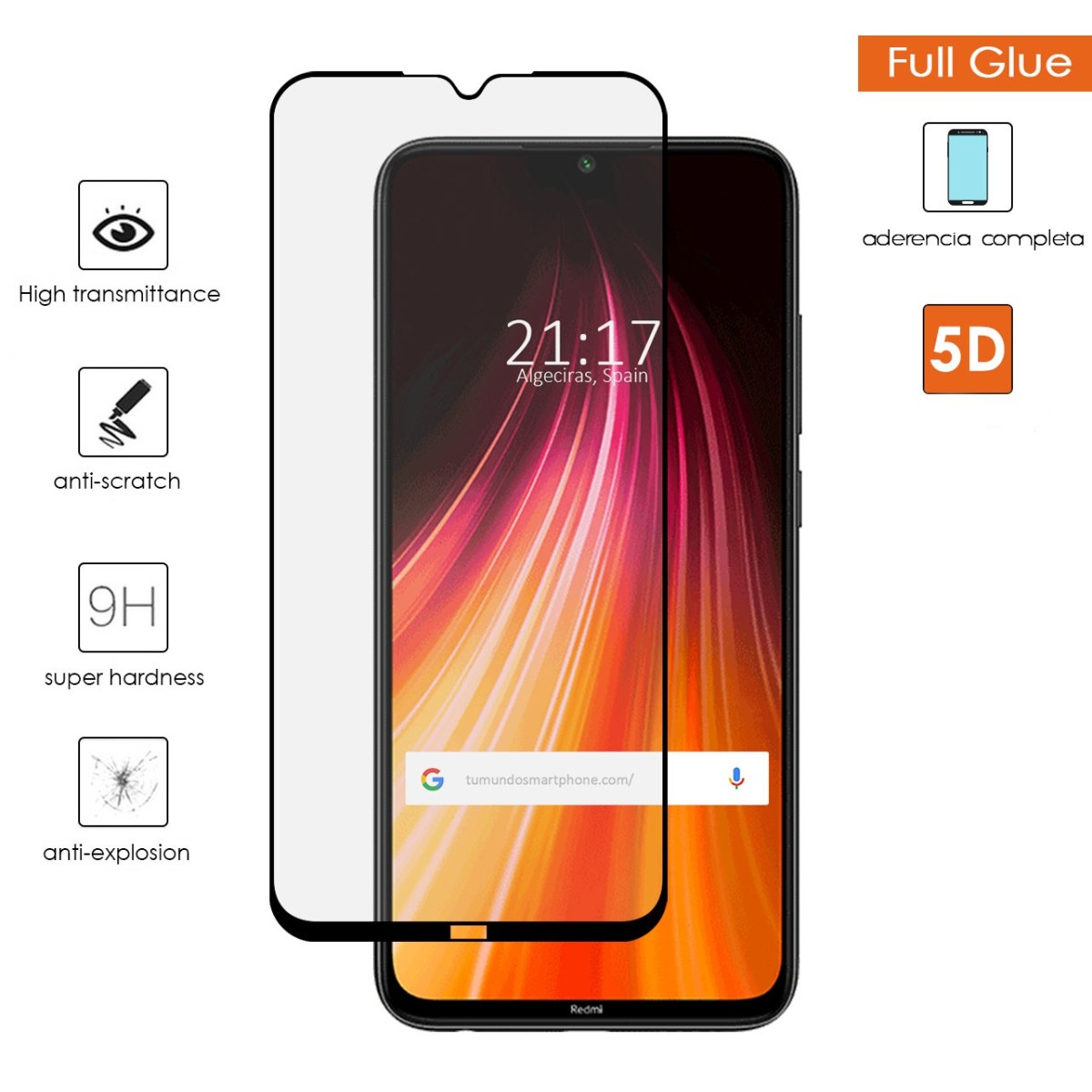Protector Cristal Templado Completo 5D Full Glue Negro para Xiaomi Redmi Note 8 (2019/2021) Vidrio