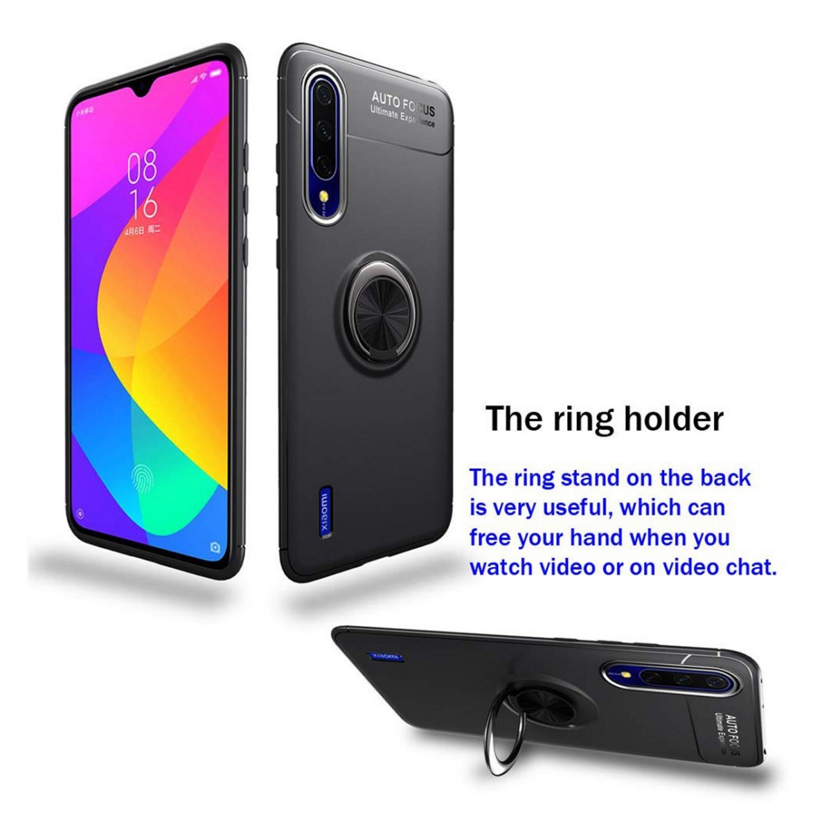 Funda Magnetica Soporte con Anillo Giratorio 360 para Xiaomi Mi 9 Lite Negra