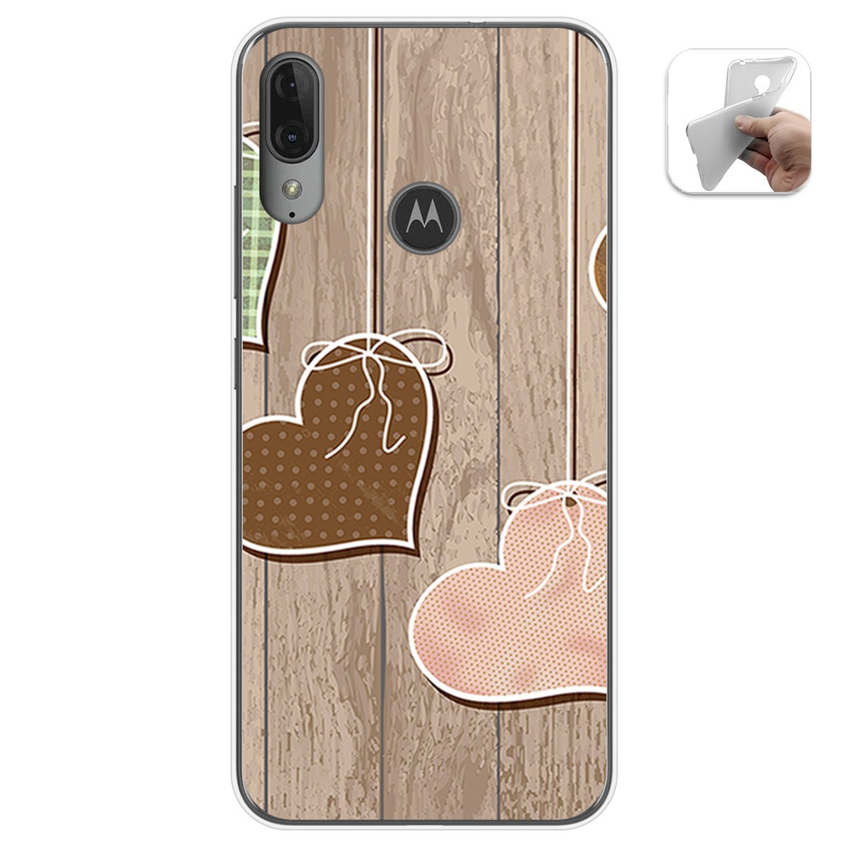 Funda Gel Tpu para Motorola Moto E6 Plus diseño Corazones Madera Dibujos