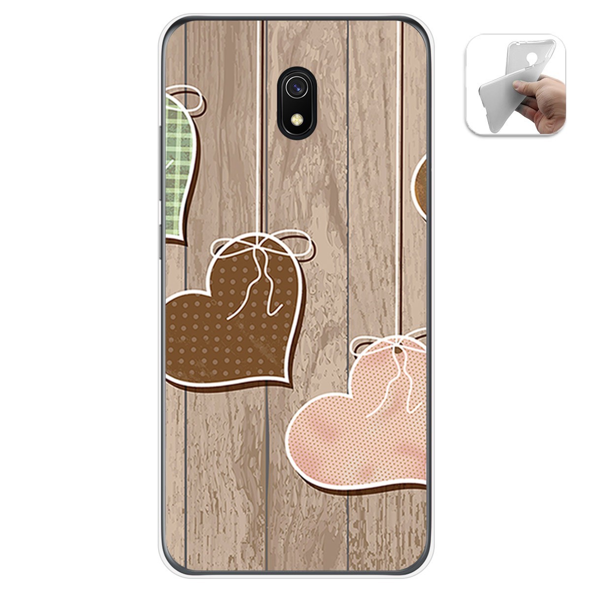 Funda Gel Tpu para Xiaomi Redmi 8A diseño Corazones Madera Dibujos