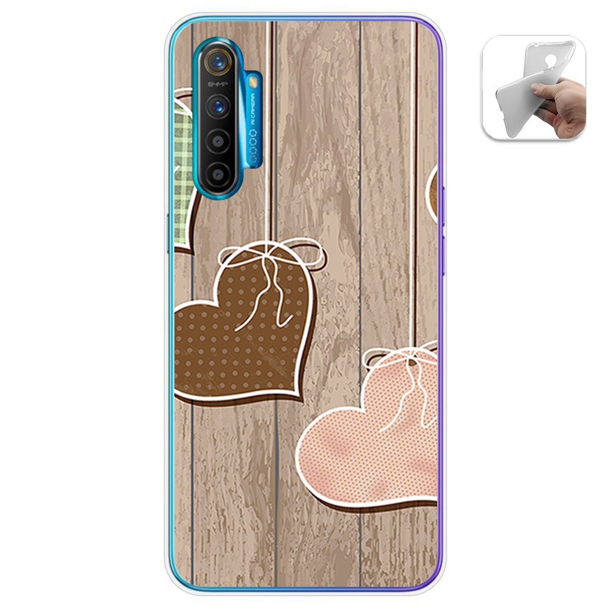 Funda Gel Tpu para Realme X2 diseño Corazones Madera Dibujos